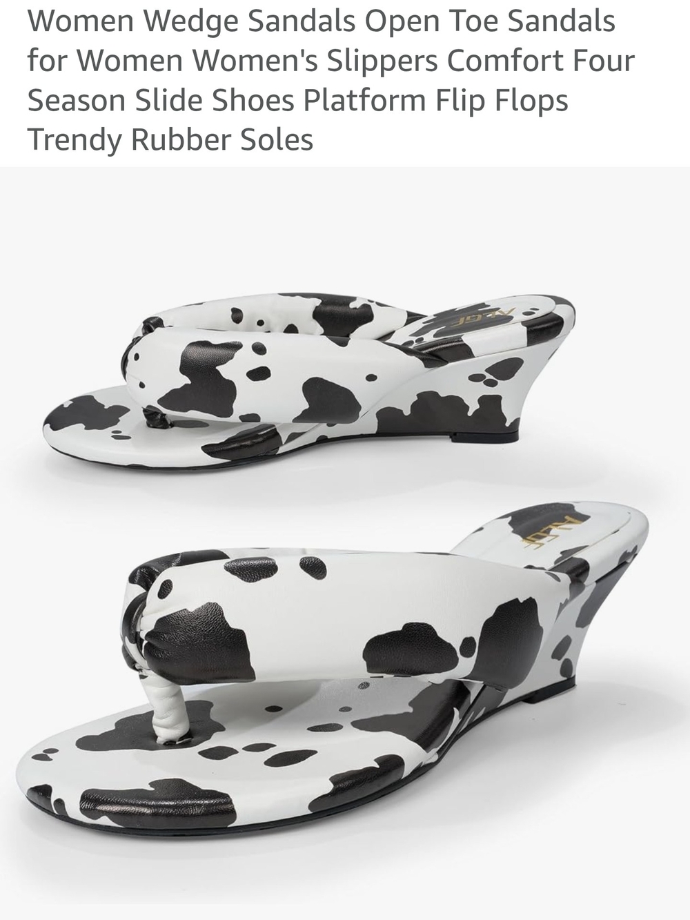 Cow-Print Wedge Flip Flop Sandals — Black & White